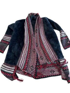 Maxsport Faux Fur Open Front Southwest Pattern Cardigan with Fringe